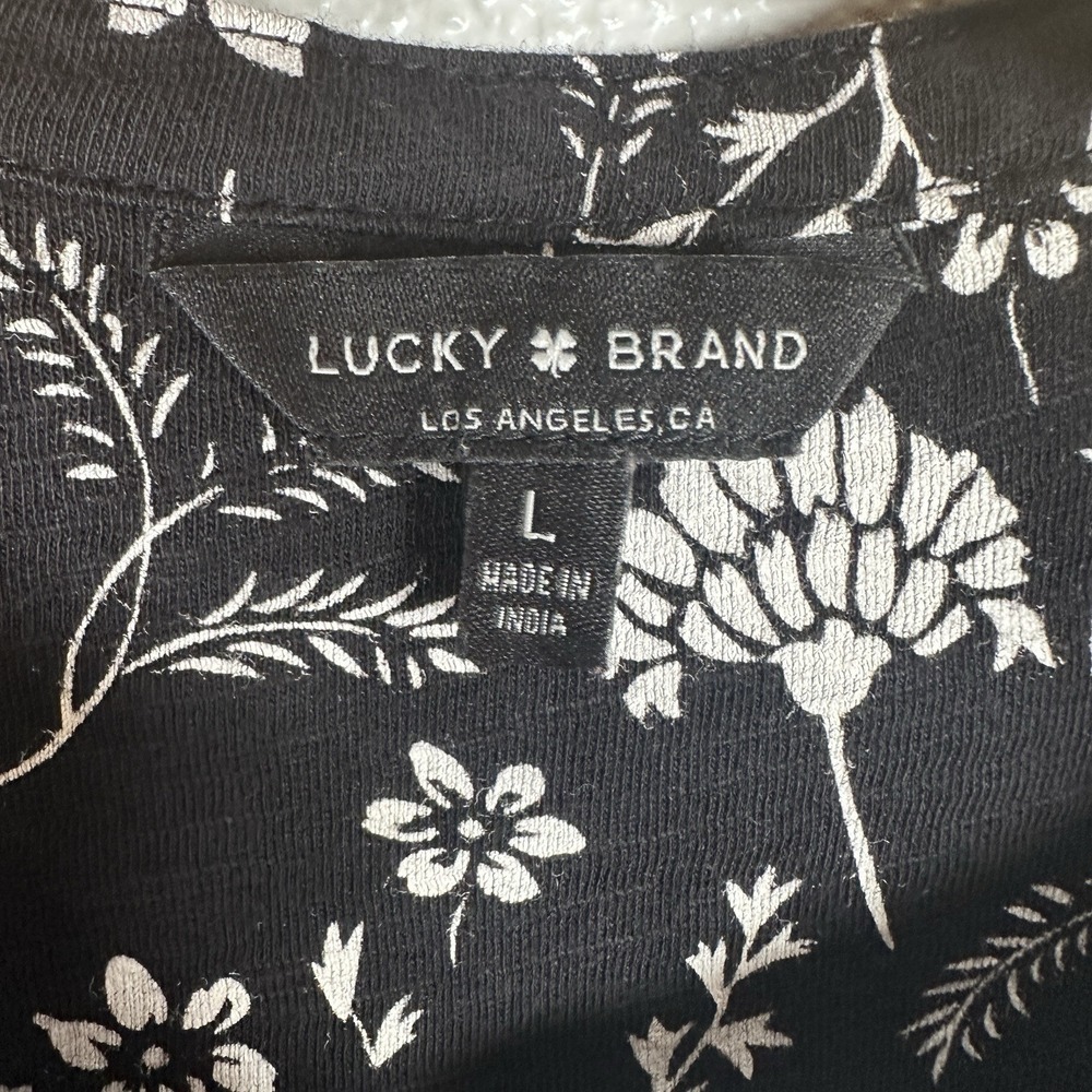 Lucky Brand Popover Top Size Large Black Cream Floral Cotton Peasant Long Sleeve - Picture 5 of 6
